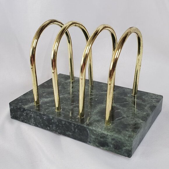 Vintage Green Marble Stone Brass Letter Holder, Vintage MCM Desk Organizer - Picture 1 of 12